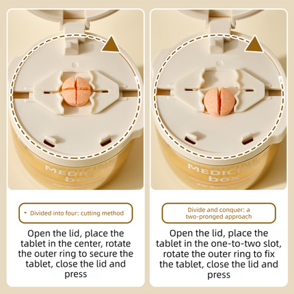 2 Pcs Beige 3-in-1 Pill Cutter, Crusher & Organizer Box with Built-in Water Cup - Portable Medicine Storage Container with Precision Quarter/Half Splitter