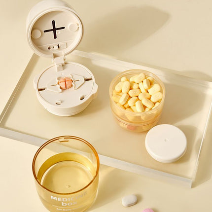 2 Pcs Beige 3-in-1 Pill Cutter, Crusher & Organizer Box with Built-in Water Cup - Portable Medicine Storage Container with Precision Quarter/Half Splitter
