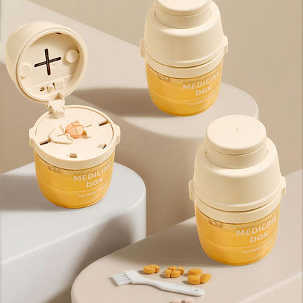 2 Pcs Beige 3-in-1 Pill Cutter, Crusher & Organizer Box with Built-in Water Cup - Portable Medicine Storage Container with Precision Quarter/Half Splitter