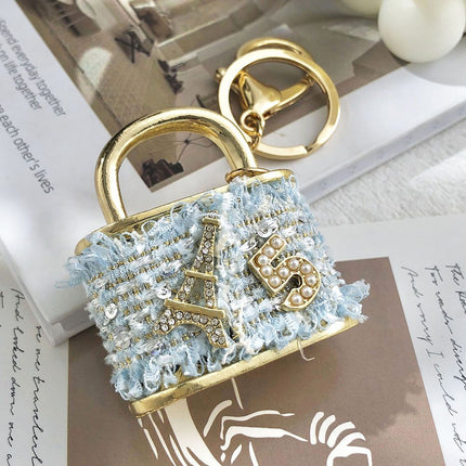 Blue Sparkling Rhinestone Lock Keychain - 3D Mini Handbag Charm with Alloy & Canvas Detail, Perfect Gift for Her