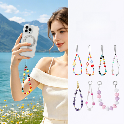 YKA-10 Trendy Double-Clasp Beaded Phone Wrist Strap - Colorful Acrylic & Metal Anti-Loss Lanyard with Spacer Gift