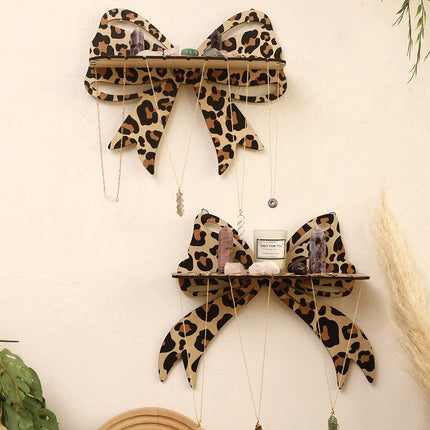 Brown Style B Leopard Print Bow Wall Shelf - Decorative Wooden Floating Storage Rack for Bedroom & Living Room