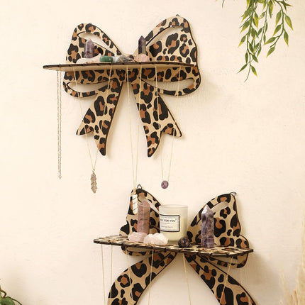 Brown Style B Leopard Print Bow Wall Shelf - Decorative Wooden Floating Storage Rack for Bedroom & Living Room