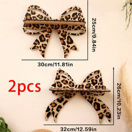 2 Pcs Brown (Style A + Style B) Leopard Print Bow Wall Shelf - Decorative Wooden Floating Storage Rack for Bedroom & Living Room