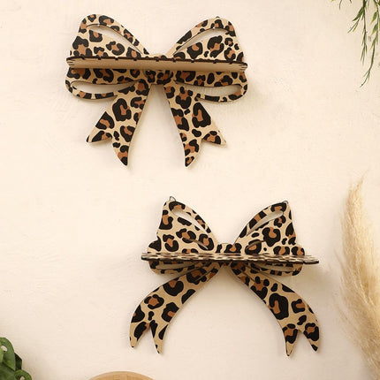 2 Pcs Brown (Style A + Style B) Leopard Print Bow Wall Shelf - Decorative Wooden Floating Storage Rack for Bedroom & Living Room