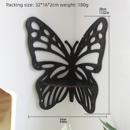 Black Wooden Butterfly Wall Shelf - Hollow-Out Decorative Corner Storage Rack for Home & Bedroom