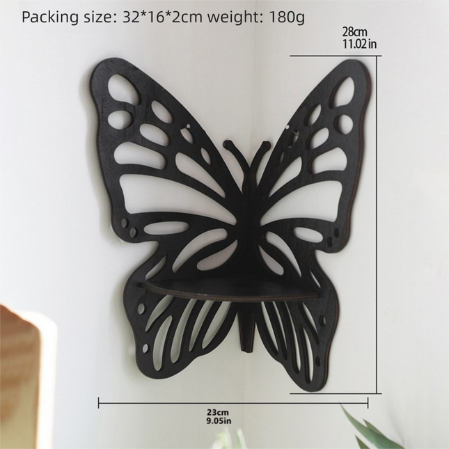 Black Wooden Butterfly Wall Shelf - Hollow-Out Decorative Corner Storage Rack for Home & Bedroom