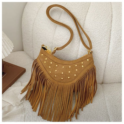 Khaki Vintage Boho Fringe Crossbody Bag - Retro Studded PU Leather Shoulder Purse with Adjustable Strap