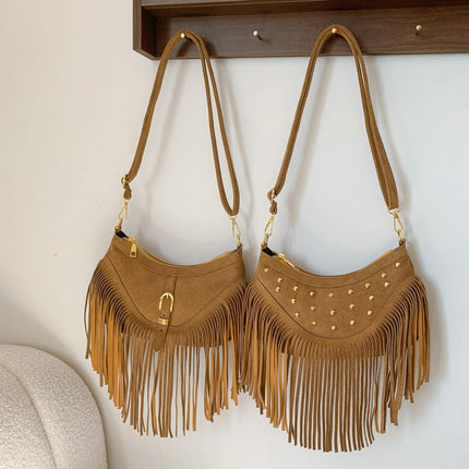 Khaki Vintage Boho Fringe Crossbody Bag - Retro Studded PU Leather Shoulder Purse with Adjustable Strap