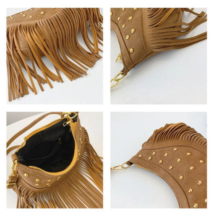 Khaki Vintage Boho Fringe Crossbody Bag - Retro Studded PU Leather Shoulder Purse with Adjustable Strap