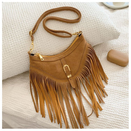 Khaki Vintage Boho Fringe Crossbody Bag - Retro Locking design PU Leather Shoulder Purse with Adjustable Strap