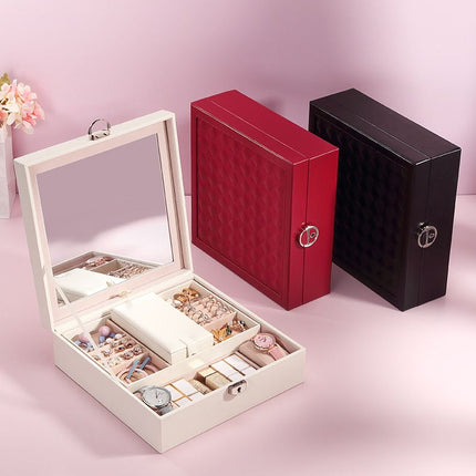 White Large PU Leather Jewelry Box with Mirror & Lock - Velvet Lined Organizer for Rings, Necklaces & Watches