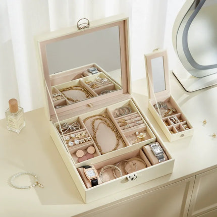 White Large PU Leather Jewelry Box with Mirror & Lock - Velvet Lined Organizer for Rings, Necklaces & Watches