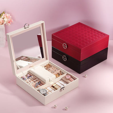 Red Large PU Leather Jewelry Box with Mirror & Lock - Velvet Lined Organizer for Rings, Necklaces & Watches