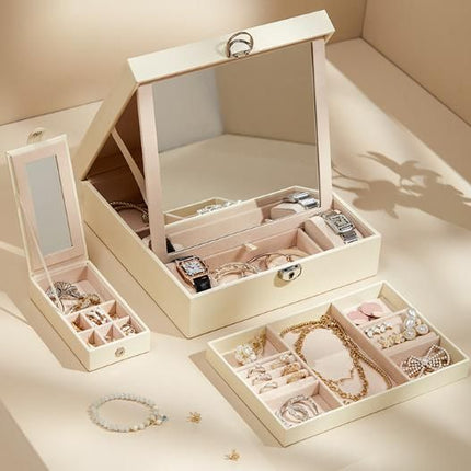 Red Large PU Leather Jewelry Box with Mirror & Lock - Velvet Lined Organizer for Rings, Necklaces & Watches