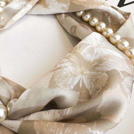Beige 2-in-1 Magnetic Pearl Scarf & Necklace Set - Floral Print Polyester Neck Wrap with Detachable Bead Chain