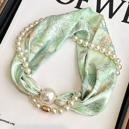 Light Green 2-in-1 Magnetic Pearl Scarf & Necklace Set - Floral Print Polyester Neck Wrap with Detachable Bead Chain