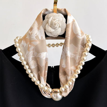 Green leaf pattern 2-in-1 Magnetic Pearl Scarf & Necklace Set - Floral Print Polyester Neck Wrap with Detachable Bead Chain