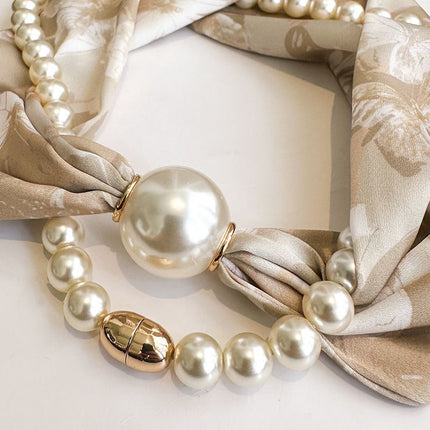 Green leaf pattern 2-in-1 Magnetic Pearl Scarf & Necklace Set - Floral Print Polyester Neck Wrap with Detachable Bead Chain