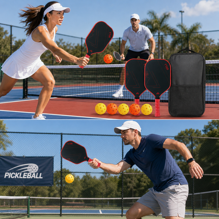 Red and Black T700 Carbon Fiber Pickleball Paddle Set - 16mm Textured Matte Finish with Oxford Carry Bag & PE Balls
