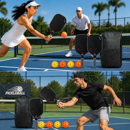 Grey and Black T700 Carbon Fiber Pickleball Paddle Set - 16mm Textured Matte Finish with Oxford Carry Bag & PE Balls