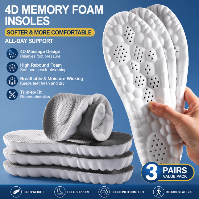 3 Pairs Grey 4D Cloud Insoles for Men and Women Insoles Super Soft Anti-Fatigue Shock Absorption Relieve