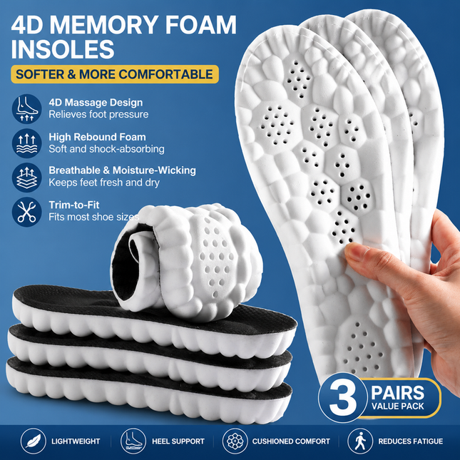 3 Pairs Black 4D Cloud Insoles for Men and Women Insoles Super Soft Anti-Fatigue Shock Absorption Relieve