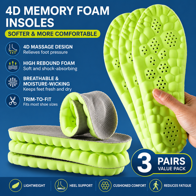 3 Pairs Green and Grey 4D Cloud Insoles for Men and Women Insoles Super Soft Anti-Fatigue Shock Absorption