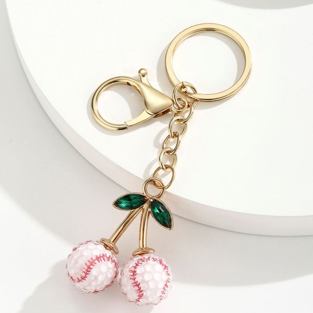 2 Pcs White baseball shape Creative Sports Ball Cherry Keychain Cute Resin Charm for Car Keys Bags &