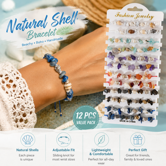Boho Braided Shell & Crystal Bracelet Set 12-Piece Adjustable Woven Jewelry with Conch Beads & Stone Charms