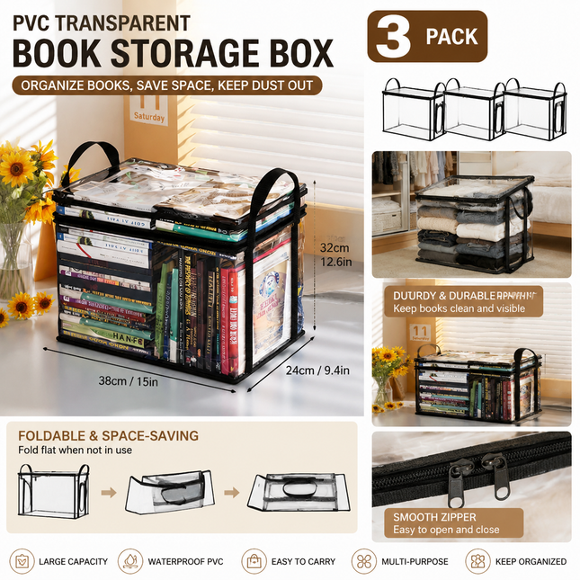 3 Pcs Large Clear PVC Book Storage Box Foldable Dustproof & Transparent Organizer with Handles for Home