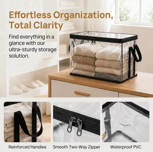 3 Pcs Large Clear PVC Book Storage Box Foldable Dustproof & Transparent Organizer with Handles for Home – product detail