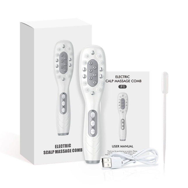 White Smart Scalp Massage Comb with EMS LED Light Therapy & Vibration Rechargeable Hair Growth Applicator