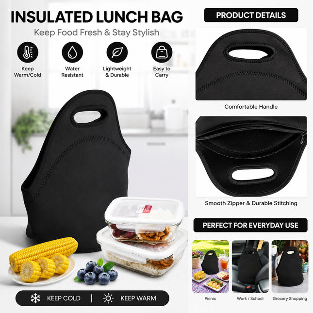 Black Reusable Neoprene Insulated Lunch Bag Waterproof Thermal Tote for Work School & Picnics (30x17x30cm)