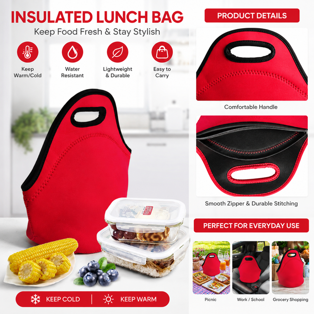 Red Reusable Neoprene Insulated Lunch Bag Waterproof Thermal Tote for Work School & Picnics (30x17x30cm)