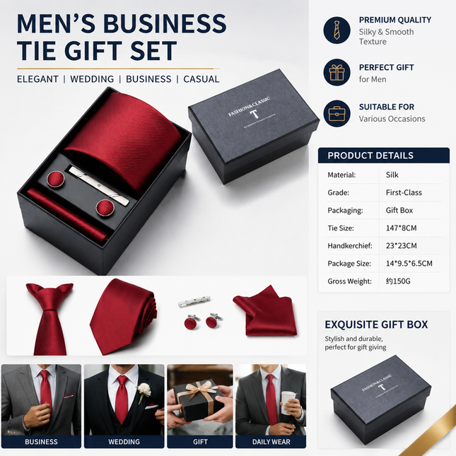 Red Premium Men's 4-Piece Formal Tie Set