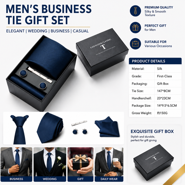 HB383 Dark Blue Premium Men's 4-Piece Formal Tie Set