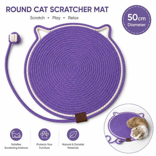 Purple Durable Cat Scratching Mat with Attached Toy Ball