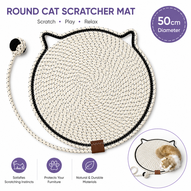 Beige Durable Cat Scratching Mat with Attached Toy Ball