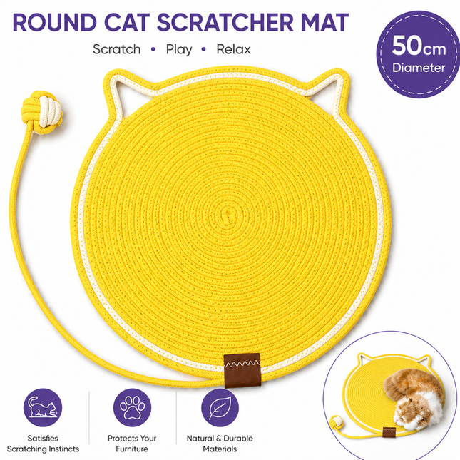 Yellow Durable Cat Scratching Mat with Attached Toy Ball