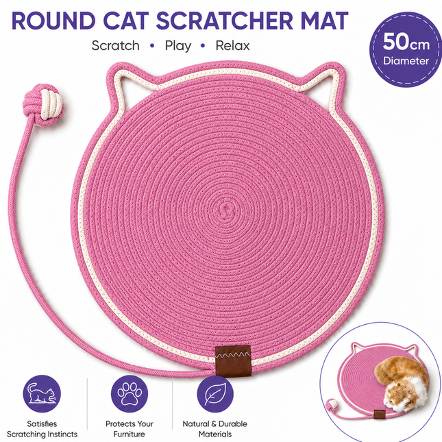 Pink Durable Cat Scratching Mat with Attached Toy Ball