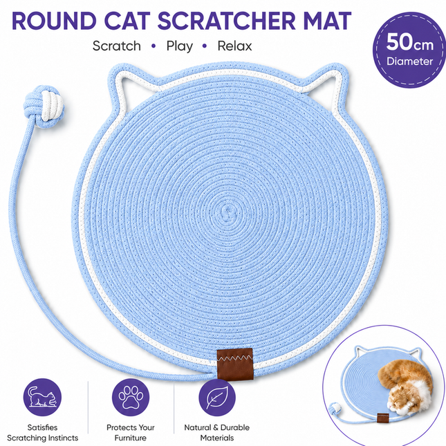 Blue Durable Cat Scratching Mat with Attached Toy Ball