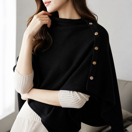 Black Women's Winter Shawl Wrap - 140 x 56 cm Polyester Two Way Knitted Cape Scarf, Warm Lightweight Layer for Everyday Outfits, Work and Travel