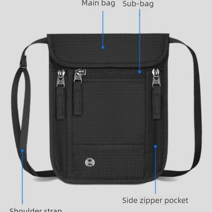 Black RFID Neck Passport Holder - 16.3 x 22.8 cm Lightweight Nylon and Polyester Crossbody Travel Wallet and Document Organiser for Phone, Cards, Cash and Tickets