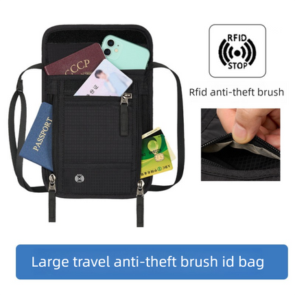 Black RFID Neck Passport Holder - 16.3 x 22.8 cm Lightweight Nylon and Polyester Crossbody Travel Wallet and Document Organiser for Phone, Cards, Cash and Tickets