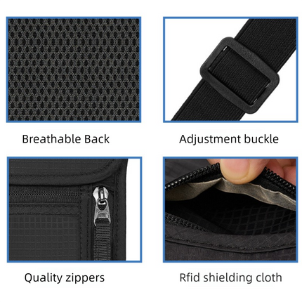 Black RFID Neck Passport Holder - 16.3 x 22.8 cm Lightweight Nylon and Polyester Crossbody Travel Wallet and Document Organiser for Phone, Cards, Cash and Tickets