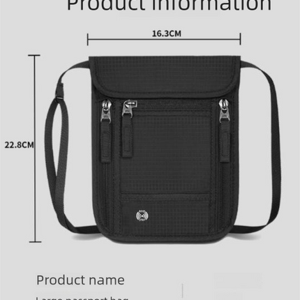 Black and Grey RFID Neck Passport Holder - 16.3 x 22.8 cm Lightweight Nylon and Polyester Crossbody Travel Wallet and Document Organiser for Phone, Cards, Cash and Tickets