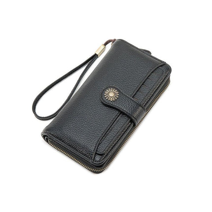 Black Women's Long Zipper Wallet with Wristlet – Multi-Card Slots, Phone Compartment & Coin Pocket (200g)