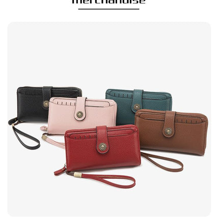 Dark Red Women's Long Zipper Wallet with Wristlet – Multi-Card Slots, Phone Compartment & Coin Pocket (200g)