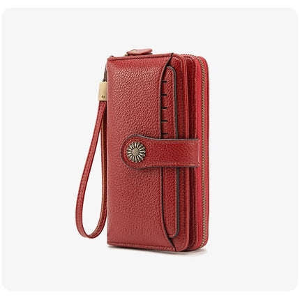 Dark Red Women's Long Zipper Wallet with Wristlet – Multi-Card Slots, Phone Compartment & Coin Pocket (200g)